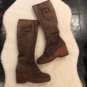 Fallow Brown Suede Tall Wedge Boots 5 1/2 sheepskin